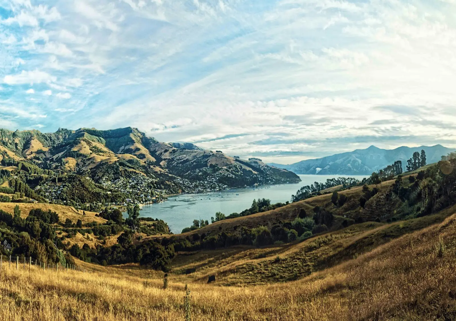 Akaroa Harbour and green hills on Banks Peninsula, Canterbury